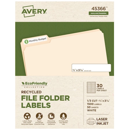 Avery EcoFriendly Permanent File Folder Labels, 0.66x3.44, White, PK1500 45366
